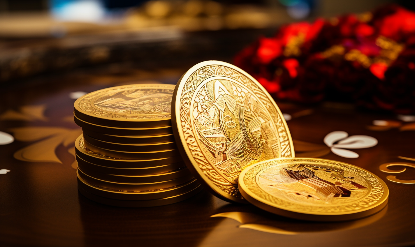 Golden poker chips on a table