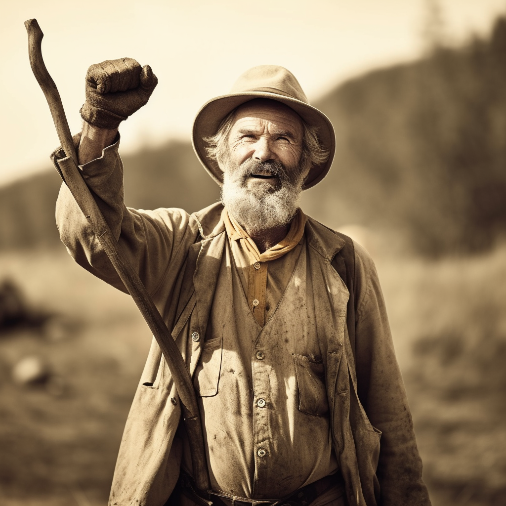 Gold prospector with raised hands and pick axe