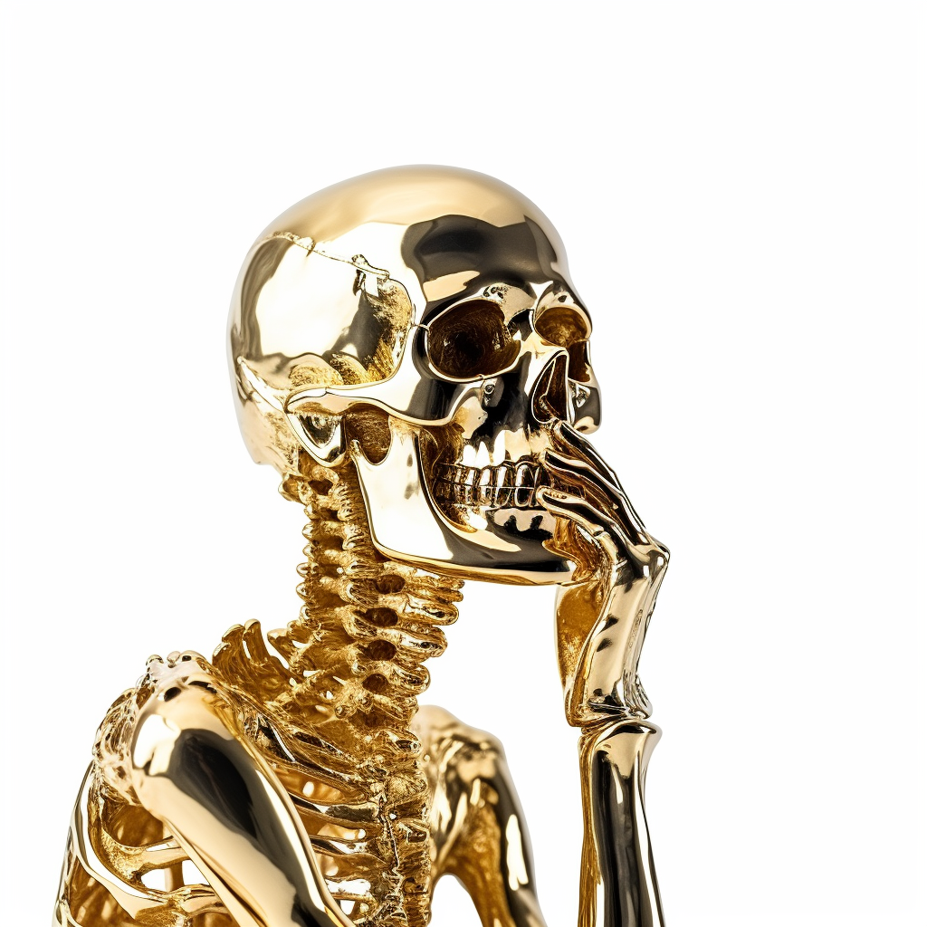 Gold skeleton asking question on white background