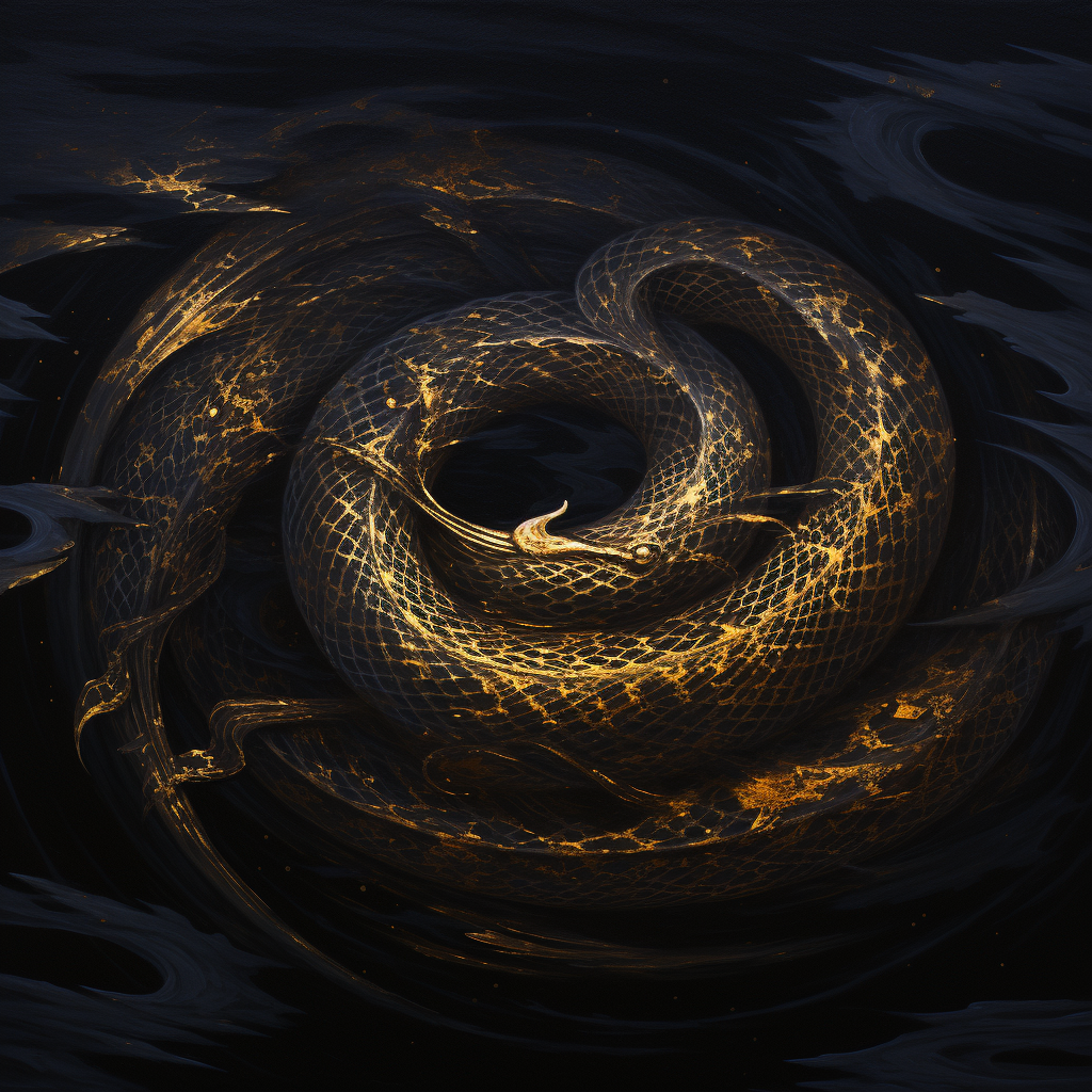 Golden snake sliding in black water