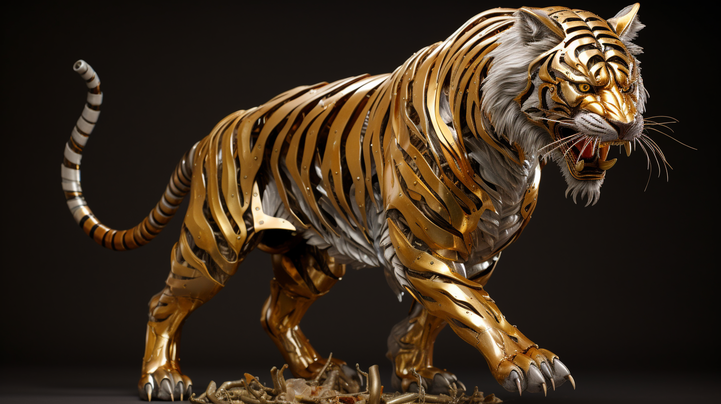 Gold Tiger Statue with Eyes Wide Open