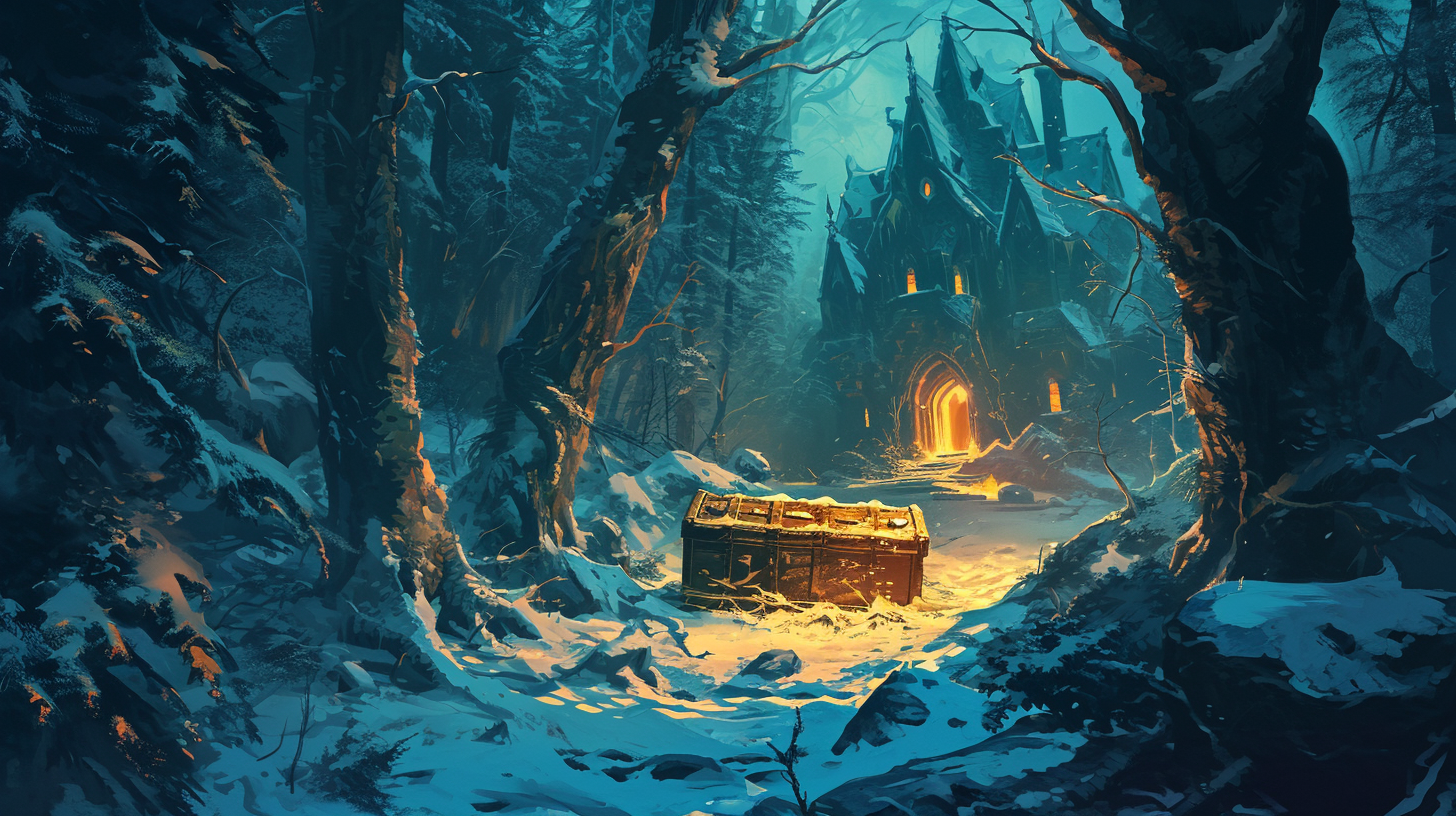 Golden treasure chests in a snowy forest at night