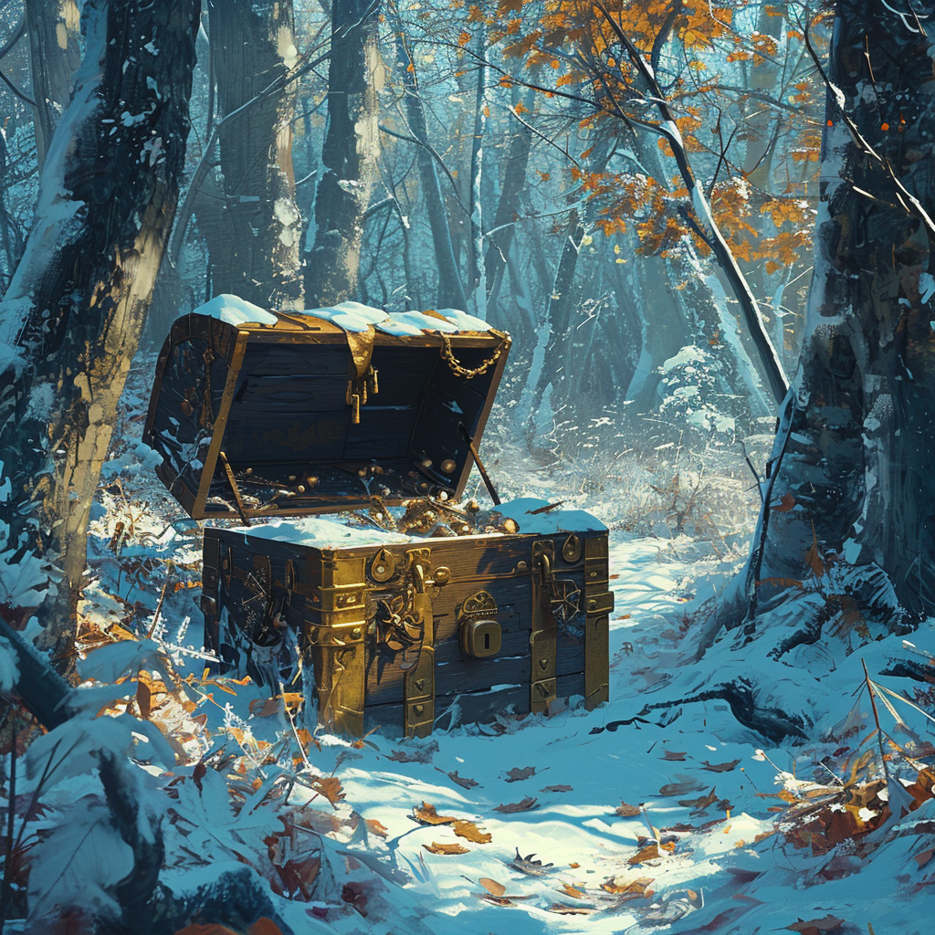 Gold treasure chests in snowy forest