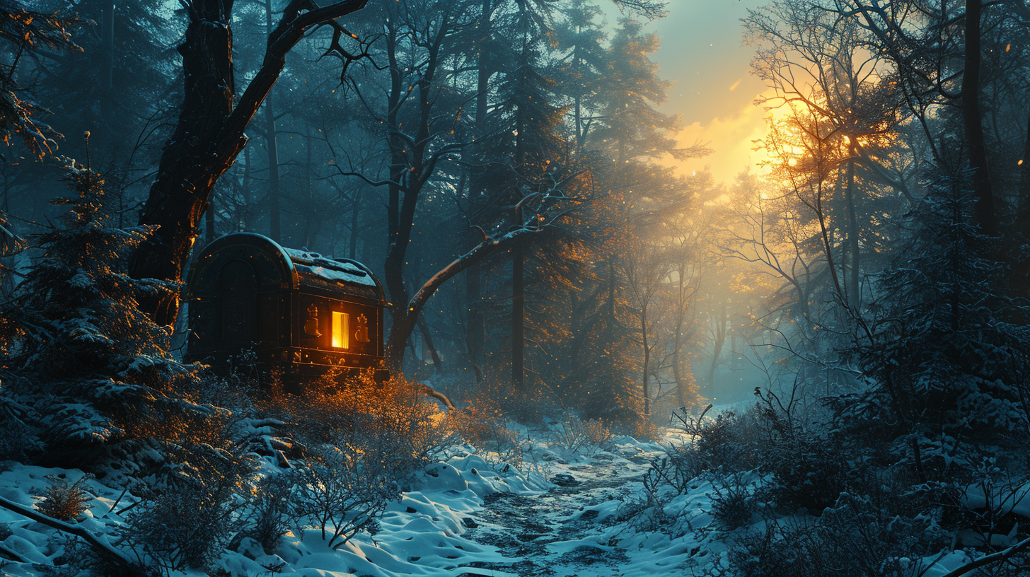 Gold treasure chests in snowy forest