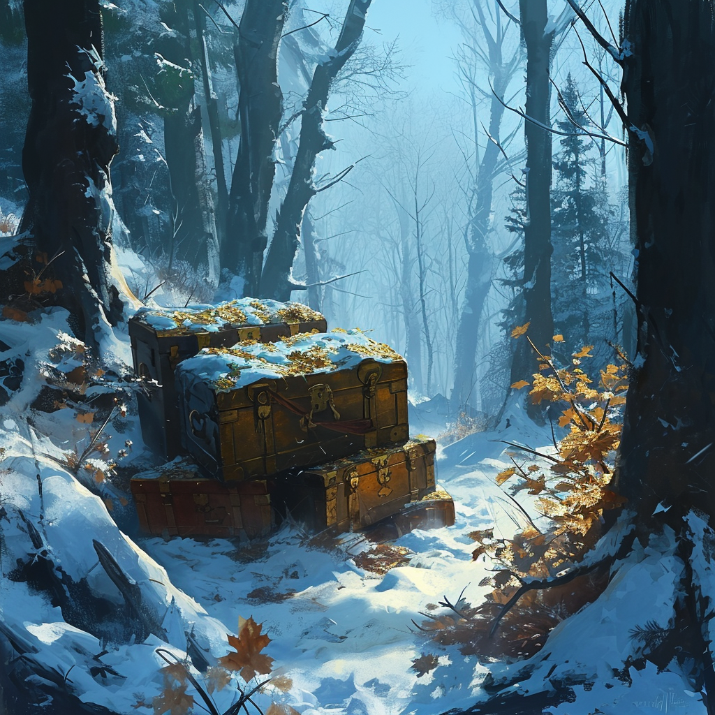 Snowy Forest with Shimmering Treasure Chests