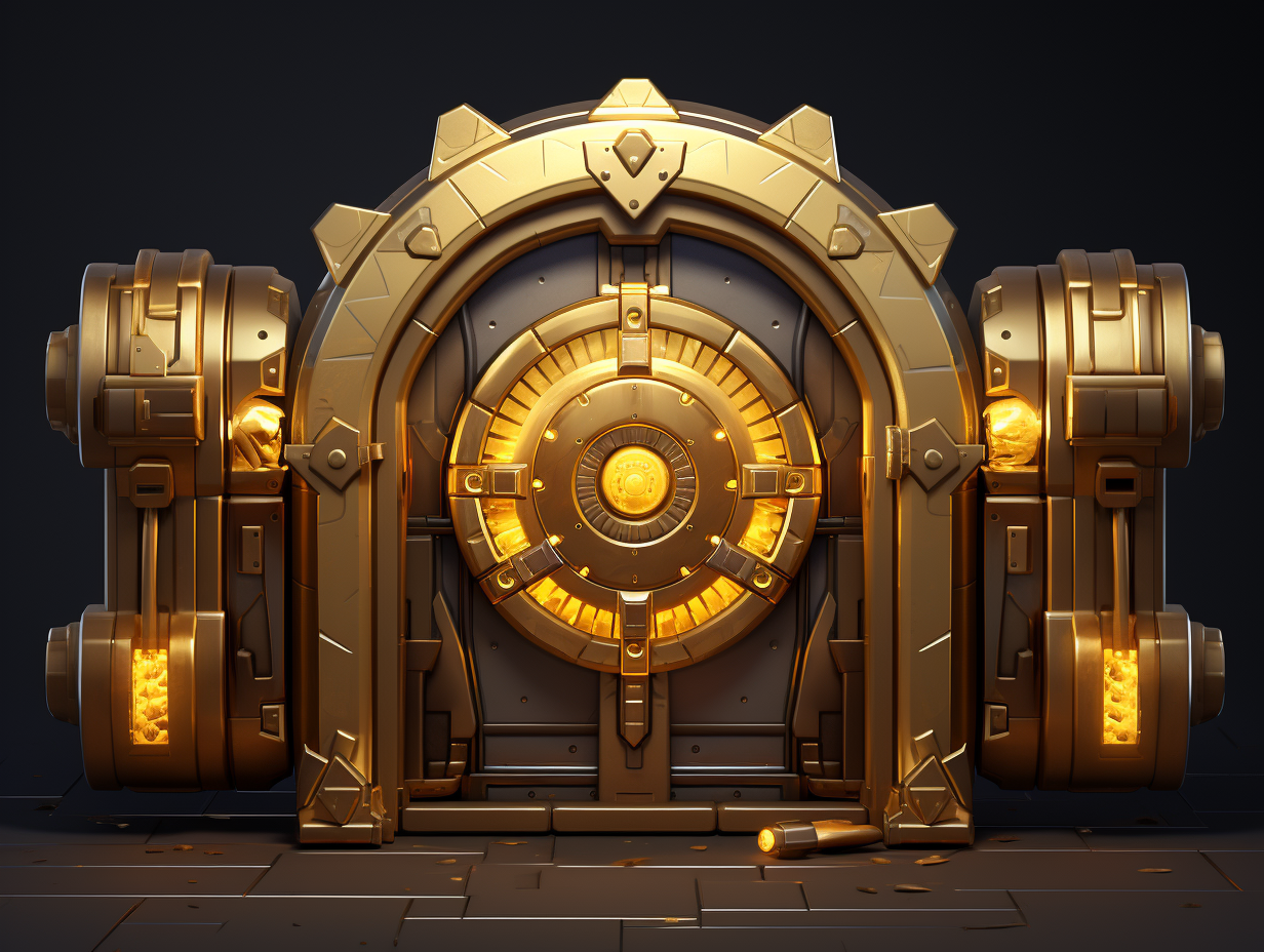 Gold vault gate with sparkling treasure