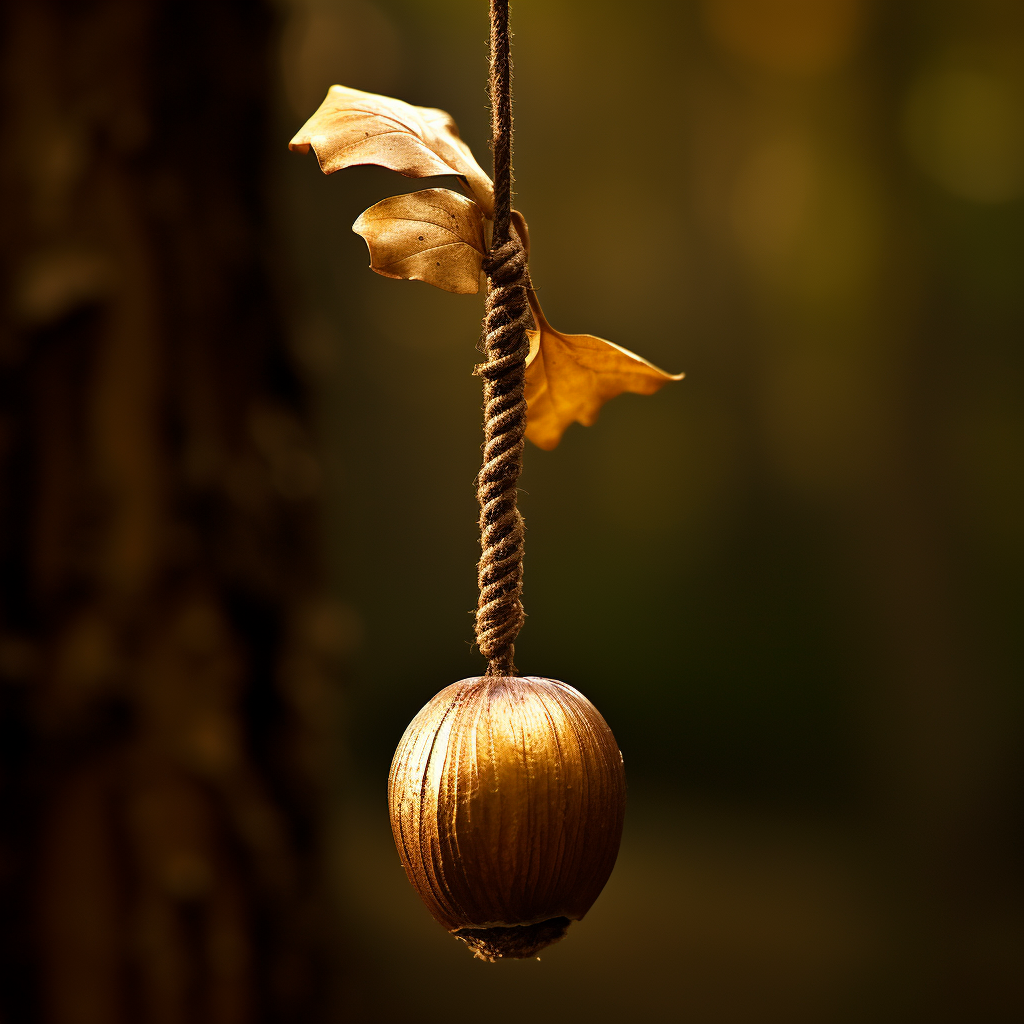 Shiny golden acorn hanging from a stick