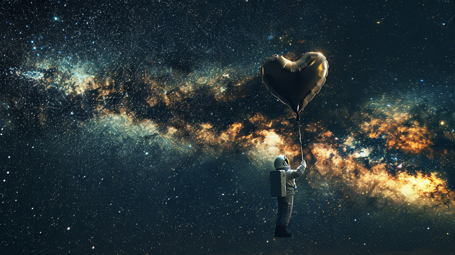 golden astronaut black heart balloon space