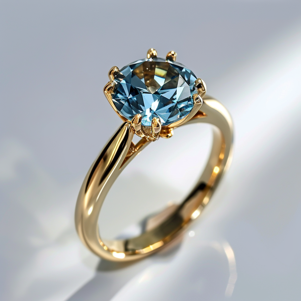 Stunning golden engagement ring with big blue diamond