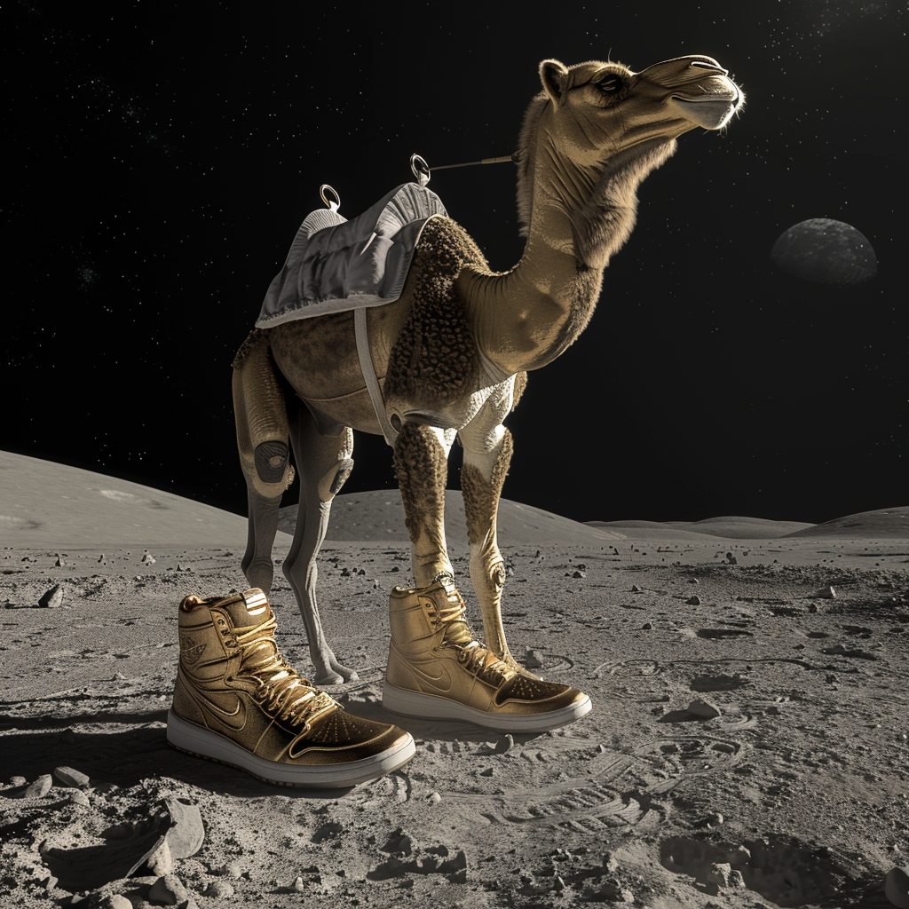 Golden camel with sneakers moon