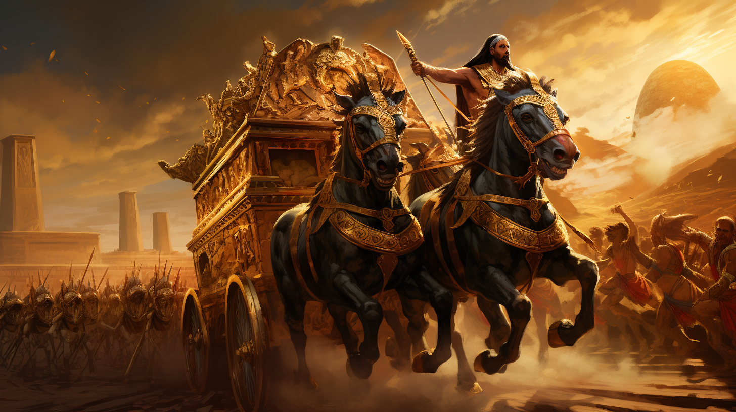 Thutmose III leading army in golden chariot on Egyptian battlefield