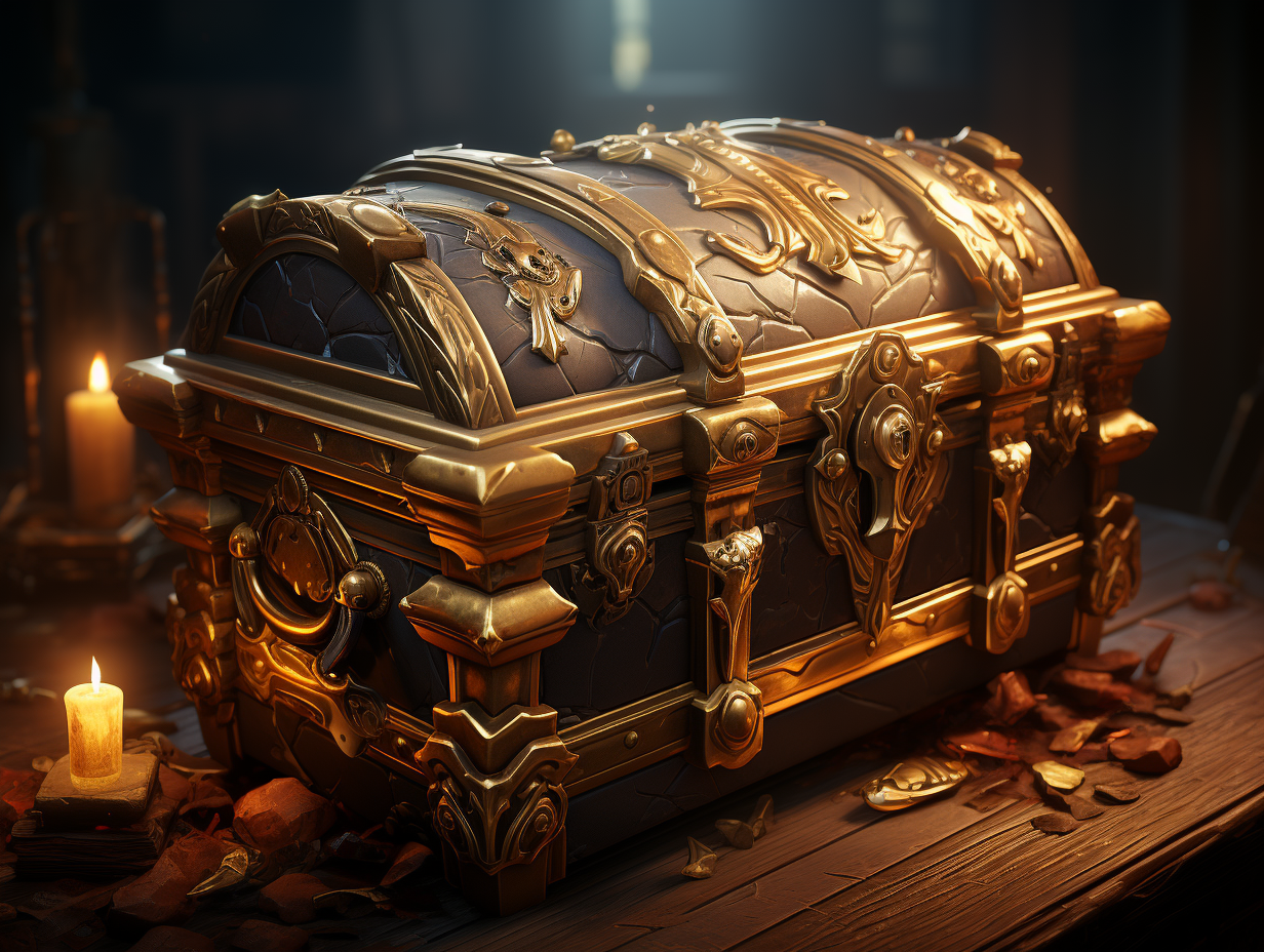 Illustration of an opened golden chest filled with treasures