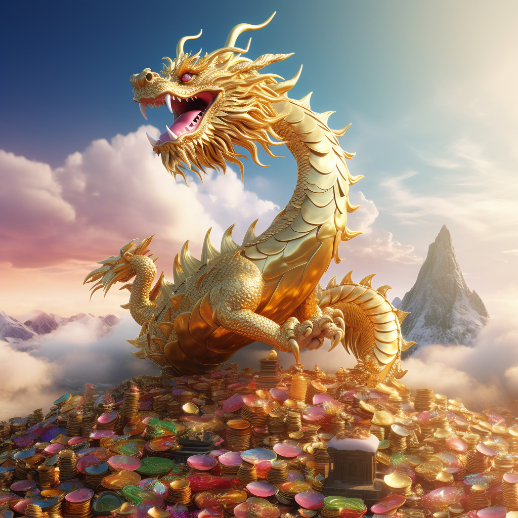 Detailed image of a majestic golden Chinese dragon resting on a mountain