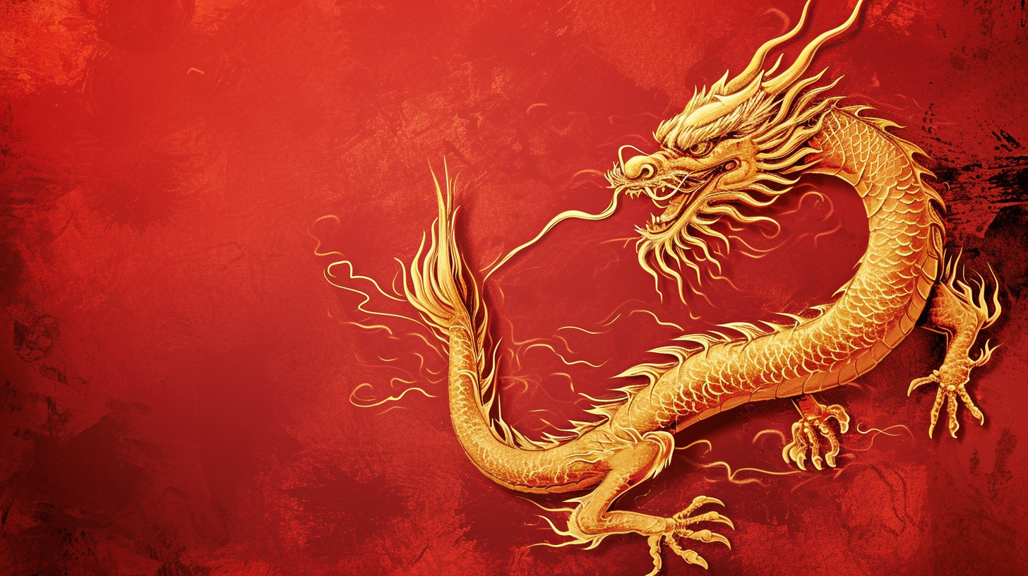 Golden Chinese Dragon Illustration on Red Background