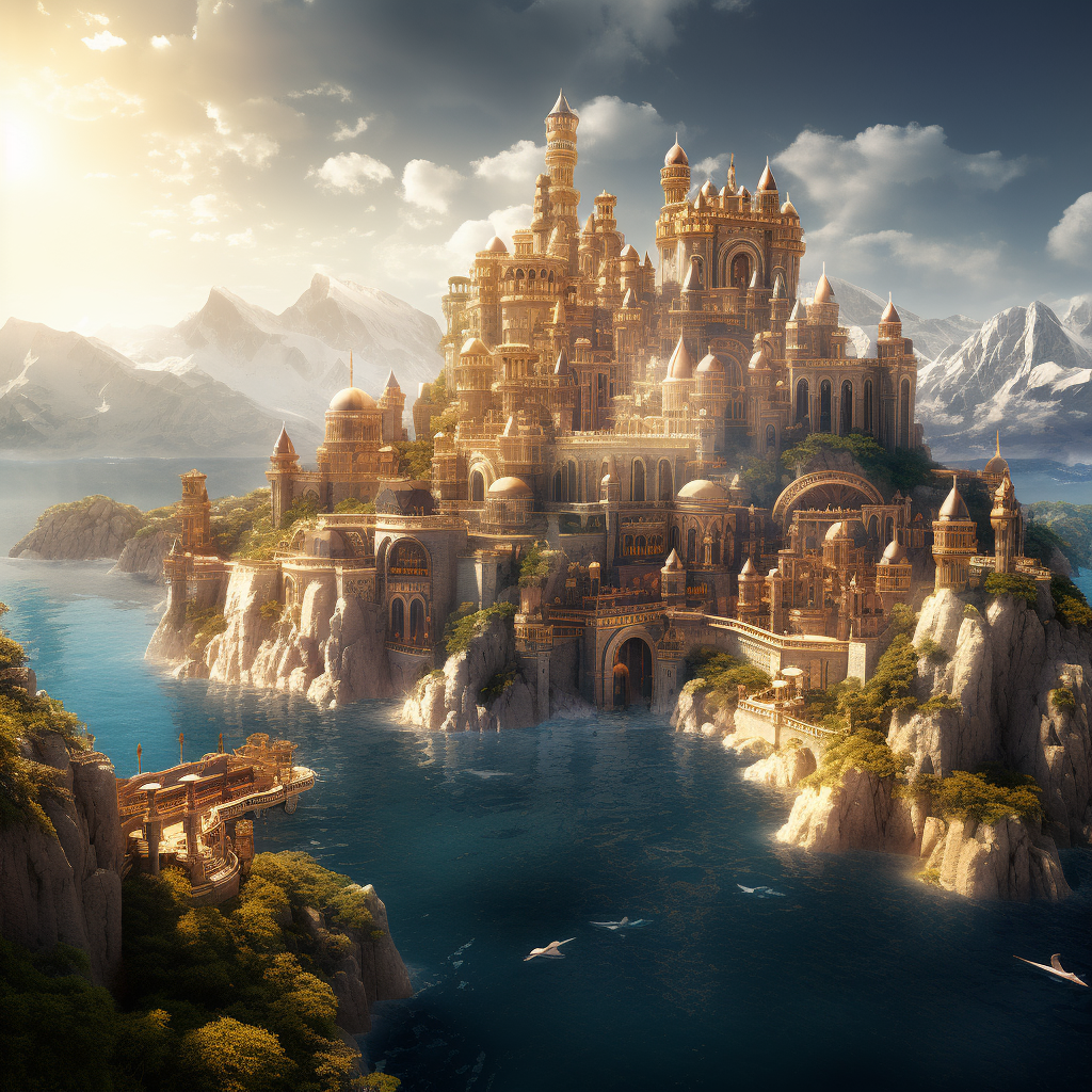 Golden city island mountain palace ocean