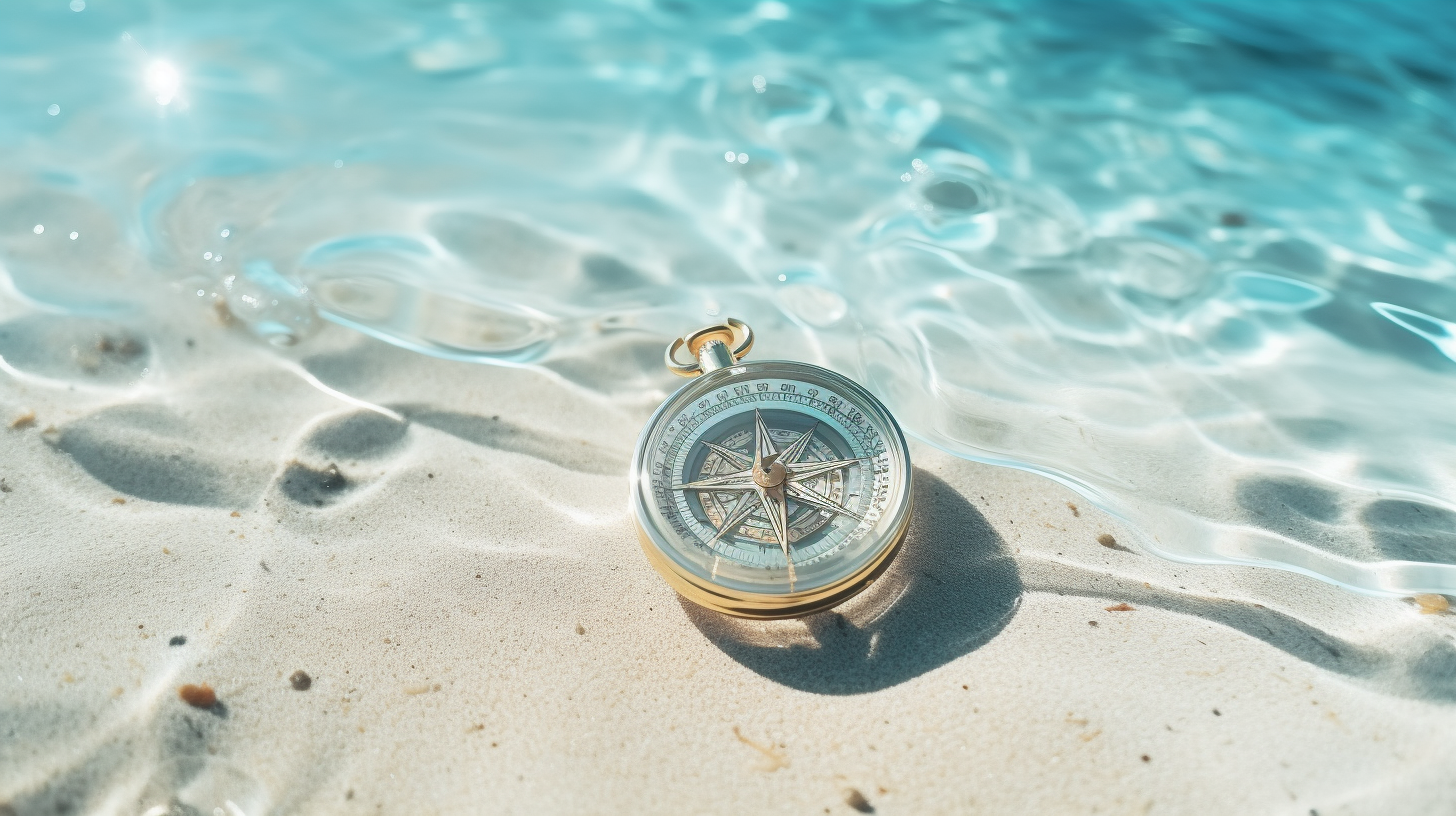 Golden compass on white sand water