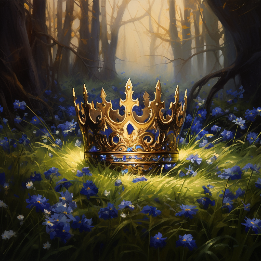 Beautiful golden crown in bluebell forest