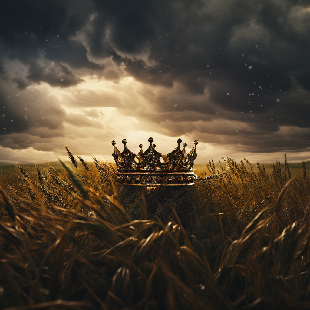 Golden crown in field during thunderstorm