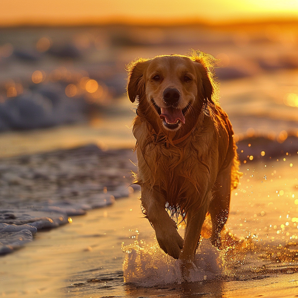 Golden dog running on beach