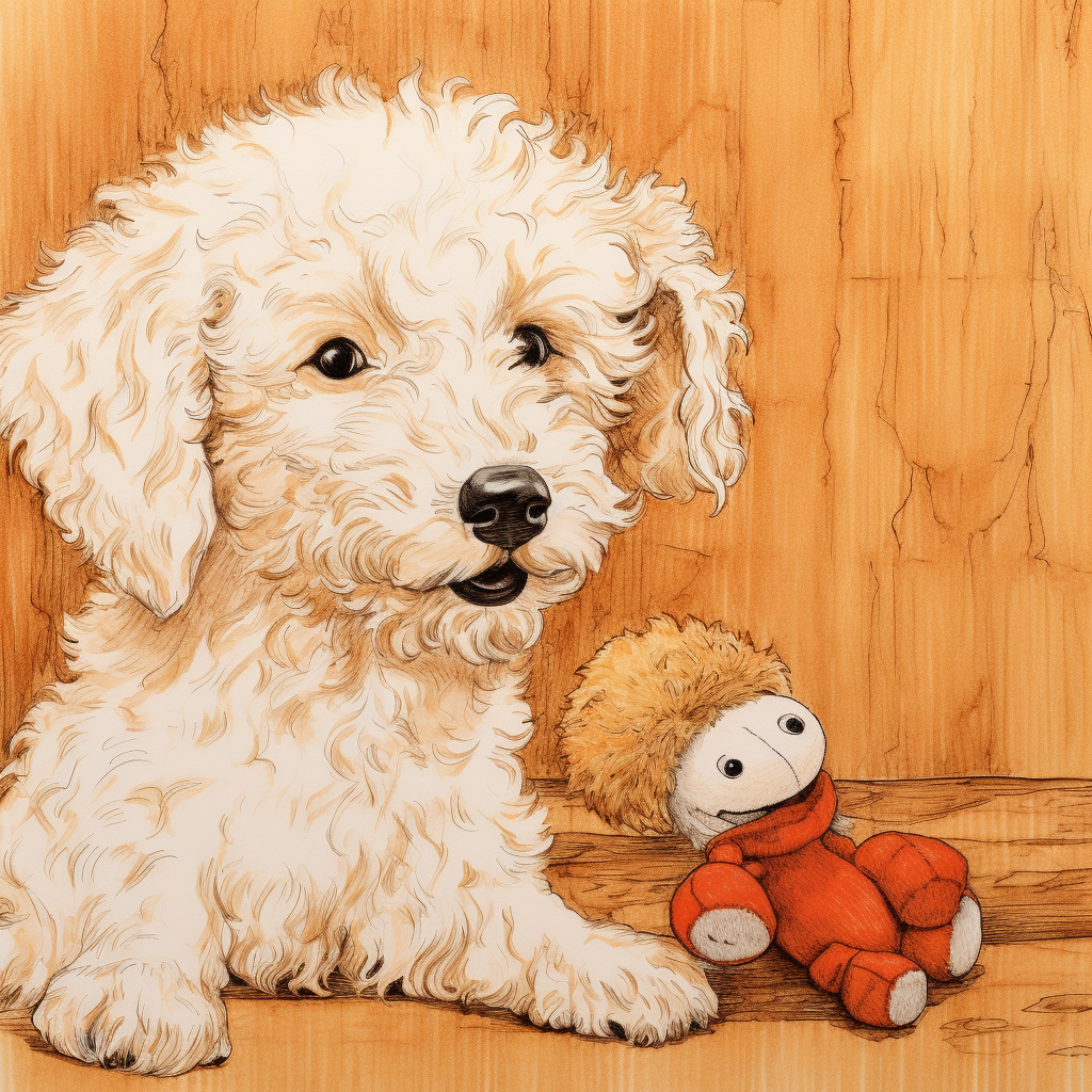 Playful golden doodle with lamb toy