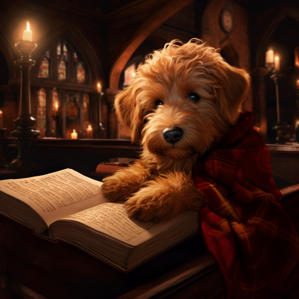 Adorable Golden Doodle Reading Book in Gryffindor House