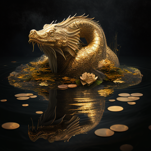 Golden dragon in a pond of golds and moneys