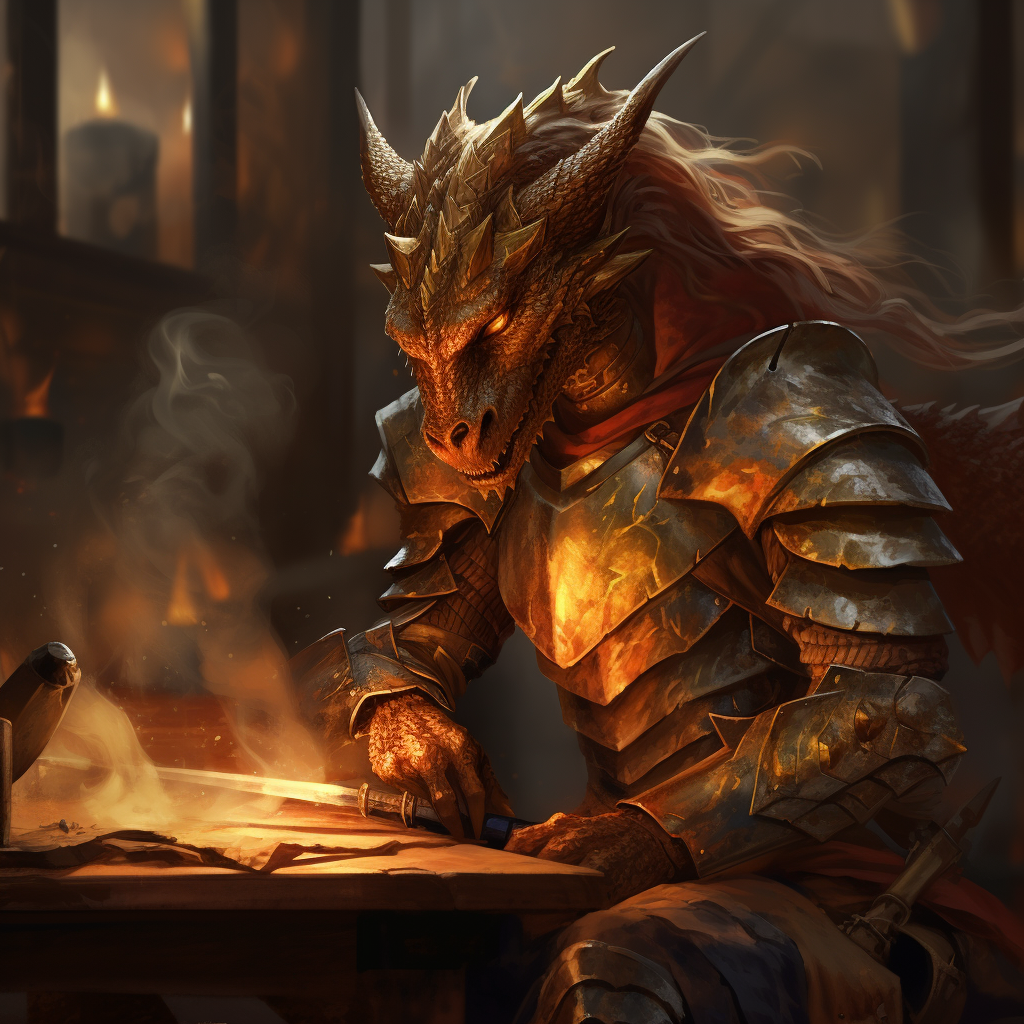 Golden dragonborn smith crafting a lightning infused sword