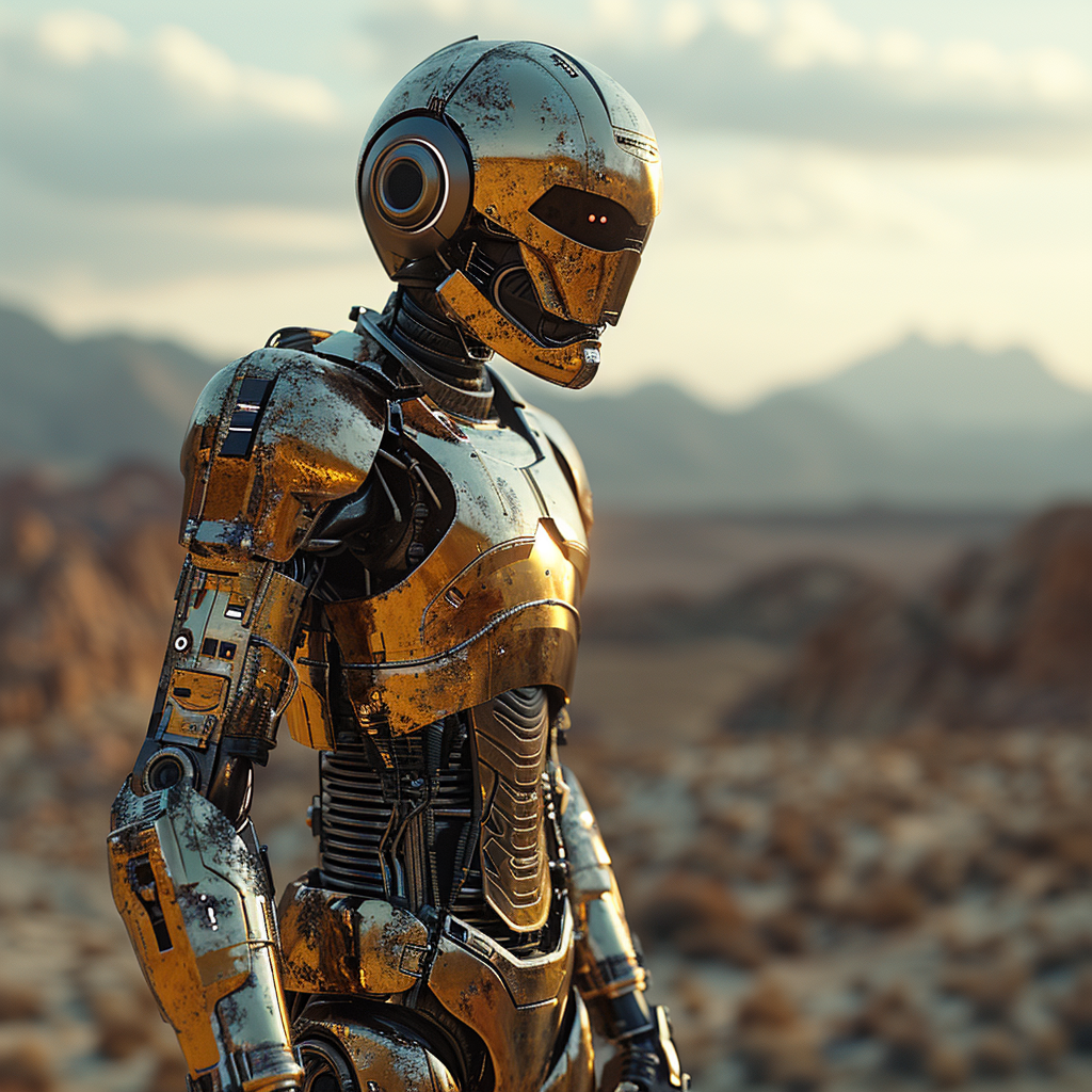 Golden droid walking in desert