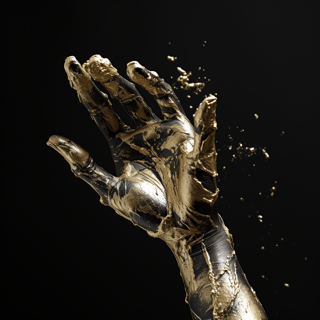 Black and white sculpture hand with golden dust