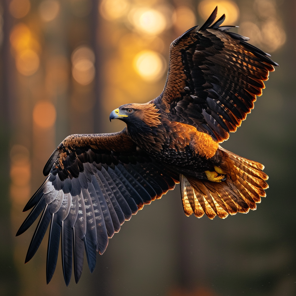 Golden eagle in flight side view time delay colorism