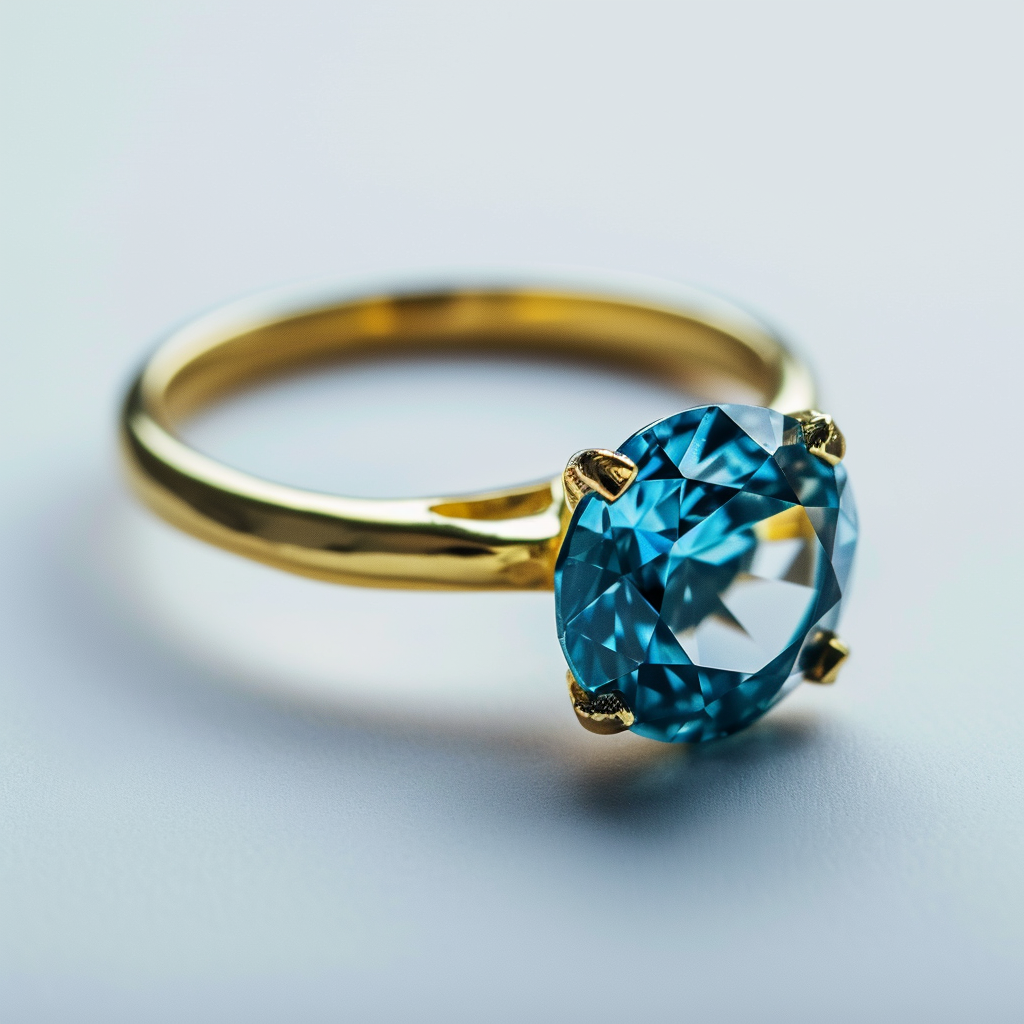 Golden engagement ring with blue diamond on light grey background