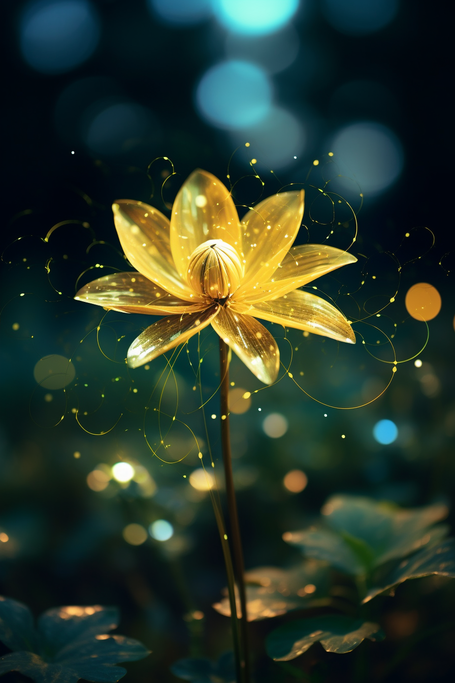 Golden flower with boke lights on green background