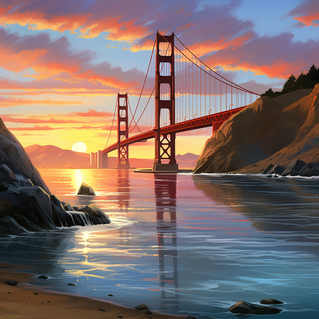 Hyperrealistic painting of Golden Gate Bridge at sunset