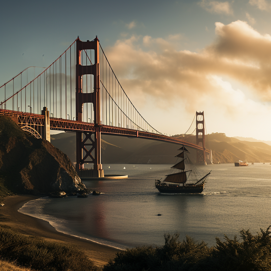 Golden Gate Bridge at sunset with pirate ship