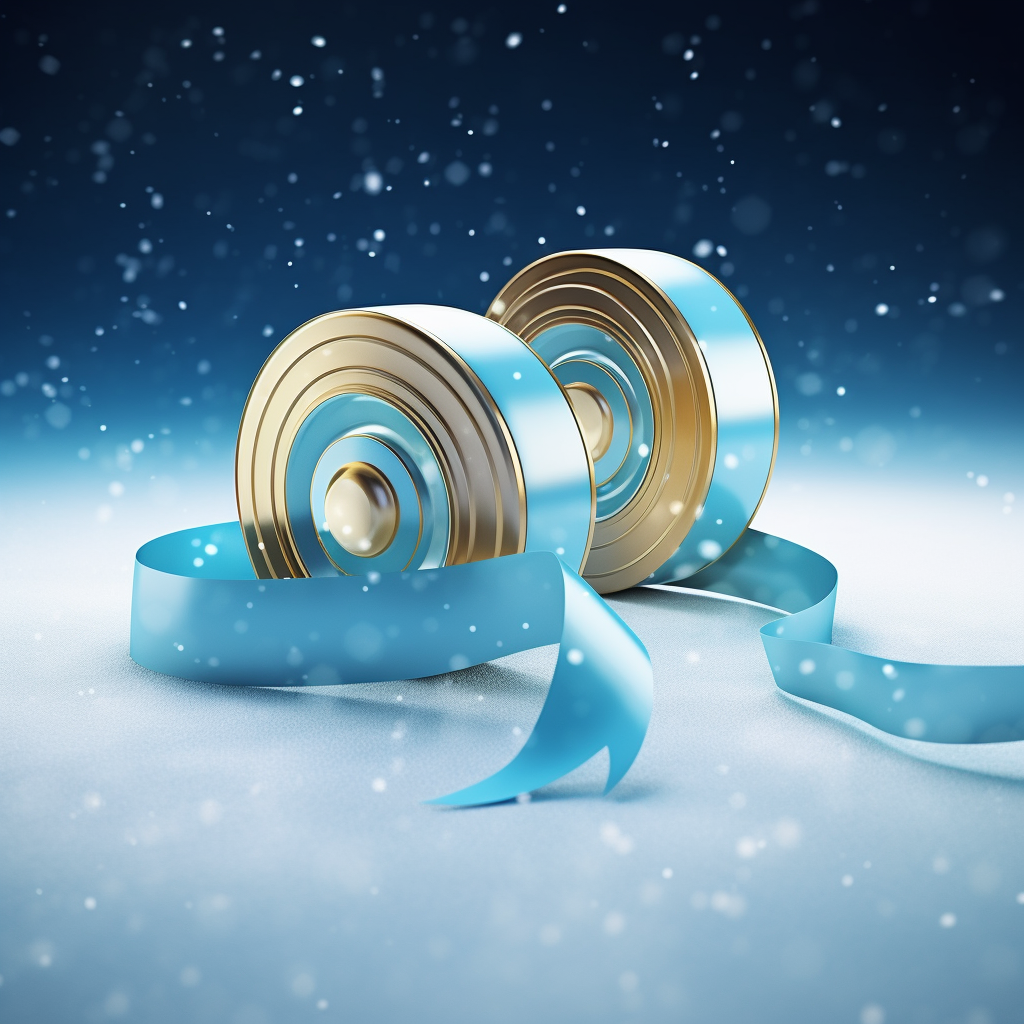 Golden gift tapes on snow with blue cyan shades