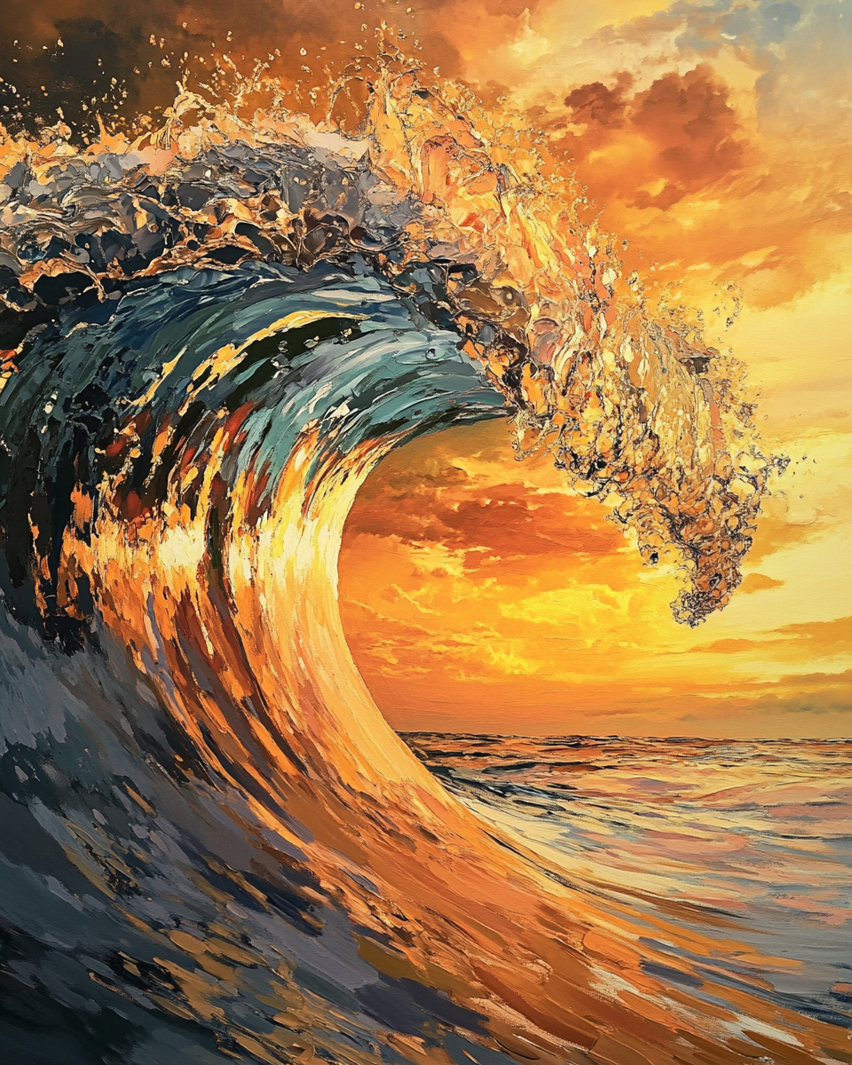 Golden sunrise colossal wave art