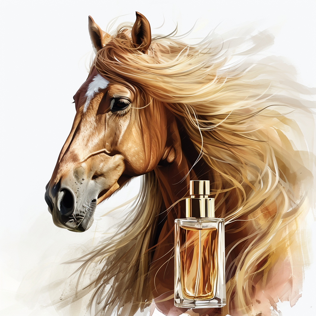 Beautiful golden-haired horse and perfume bottle on white background