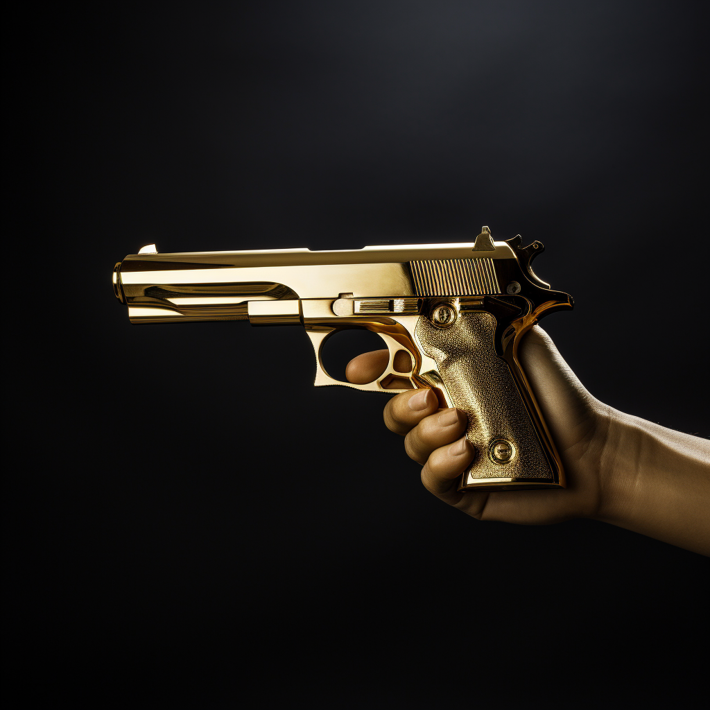 Realistic golden hand holding gold gun