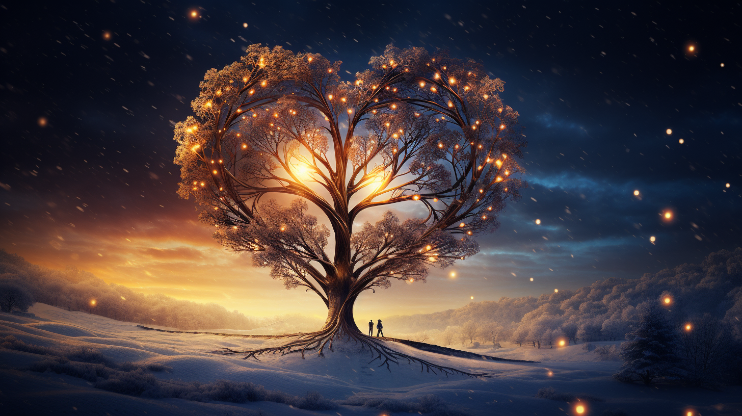 Beautiful golden heart shaped tree in snowy cosmos