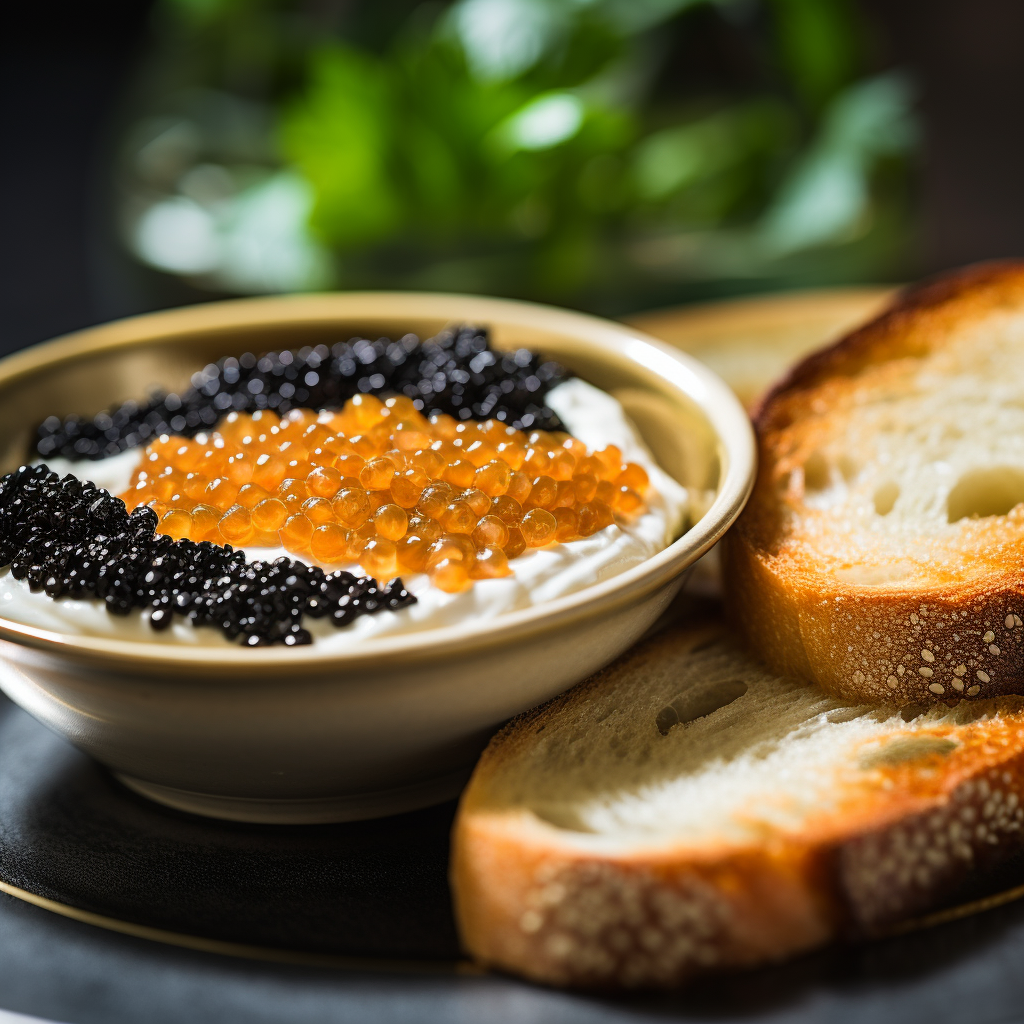 Exquisite golden kaluga caviar with traditional garnish