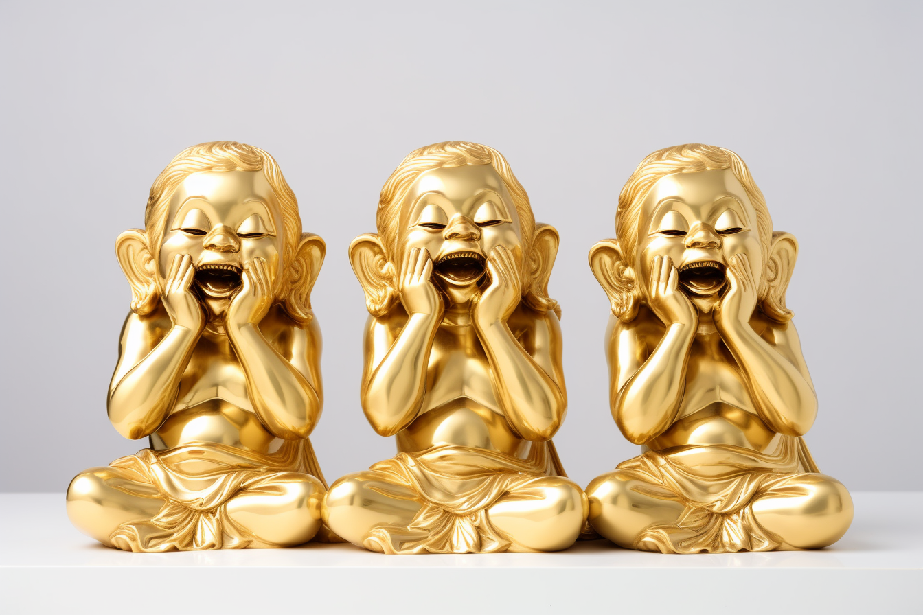 Three cute golden laughing budhas in different gestures