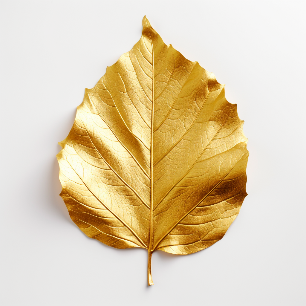 Metallic, vertical golden leaf on white background