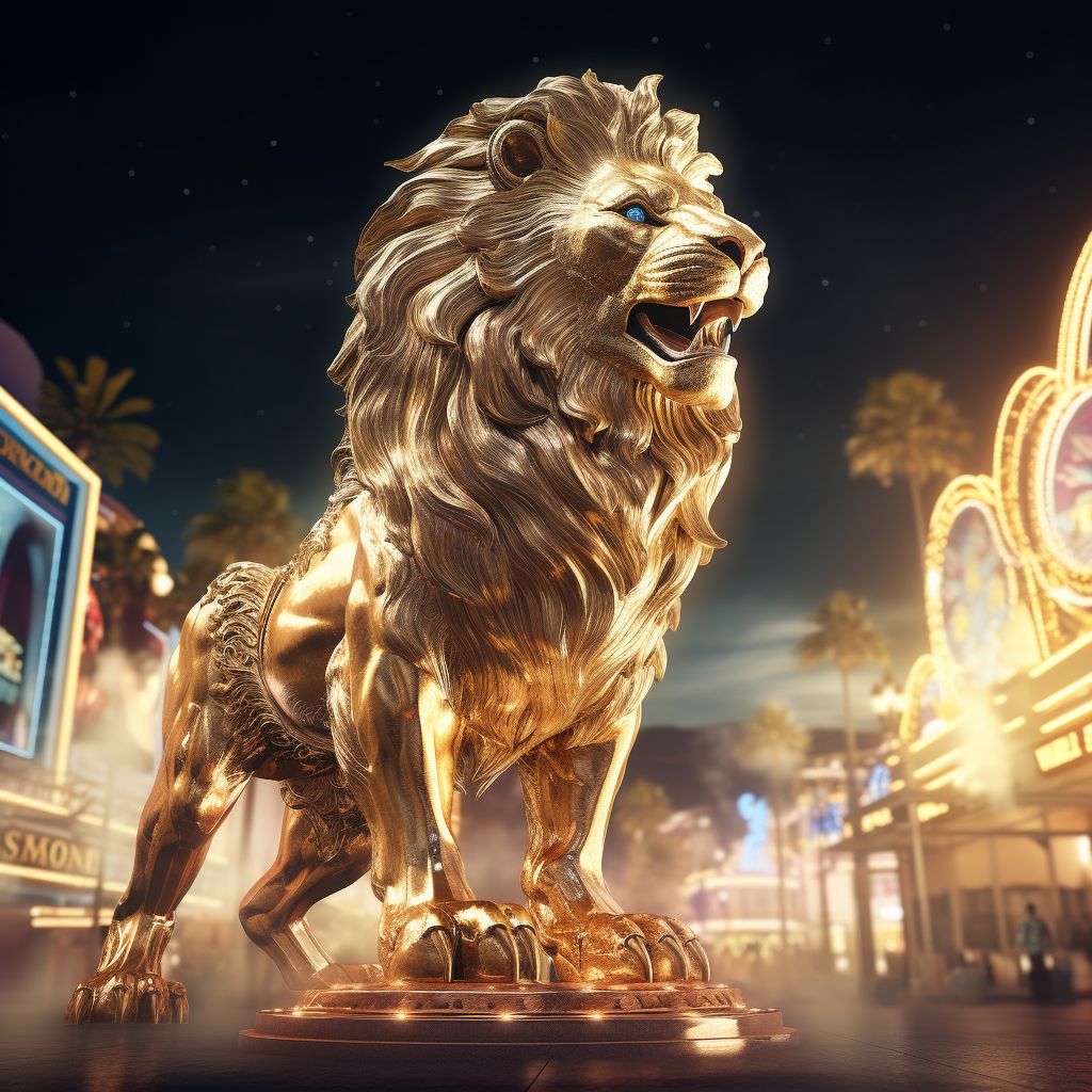 Golden lion walking through Las Vegas at night