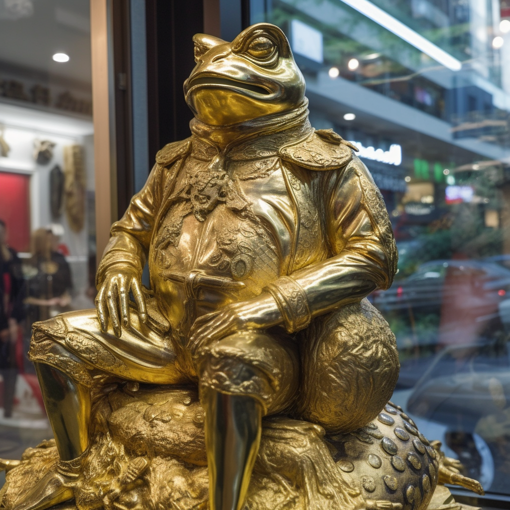 Golden man riding frog window display