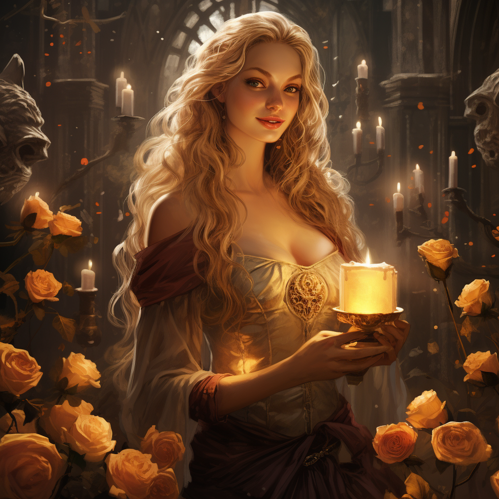 Golden Norse Witch with Hair, Roses, Chocolates