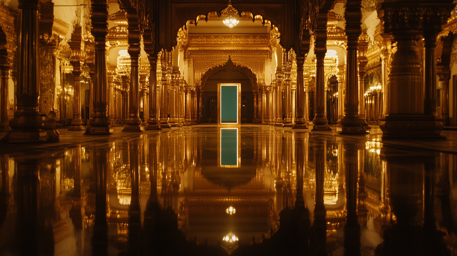 golden palace interior with rectangle mirror at night