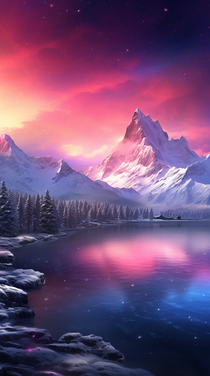 Pink aurora in white snow mountains