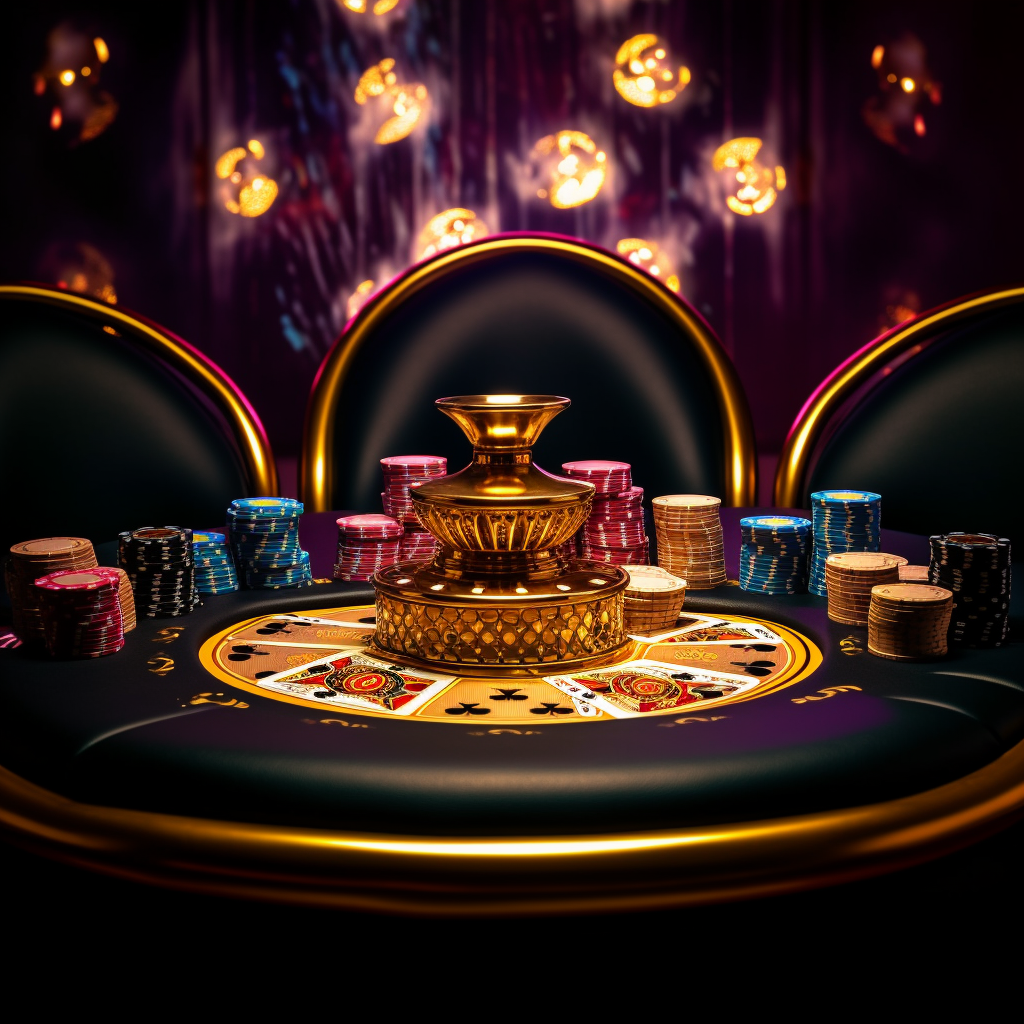 Golden poker table with black cards and chips