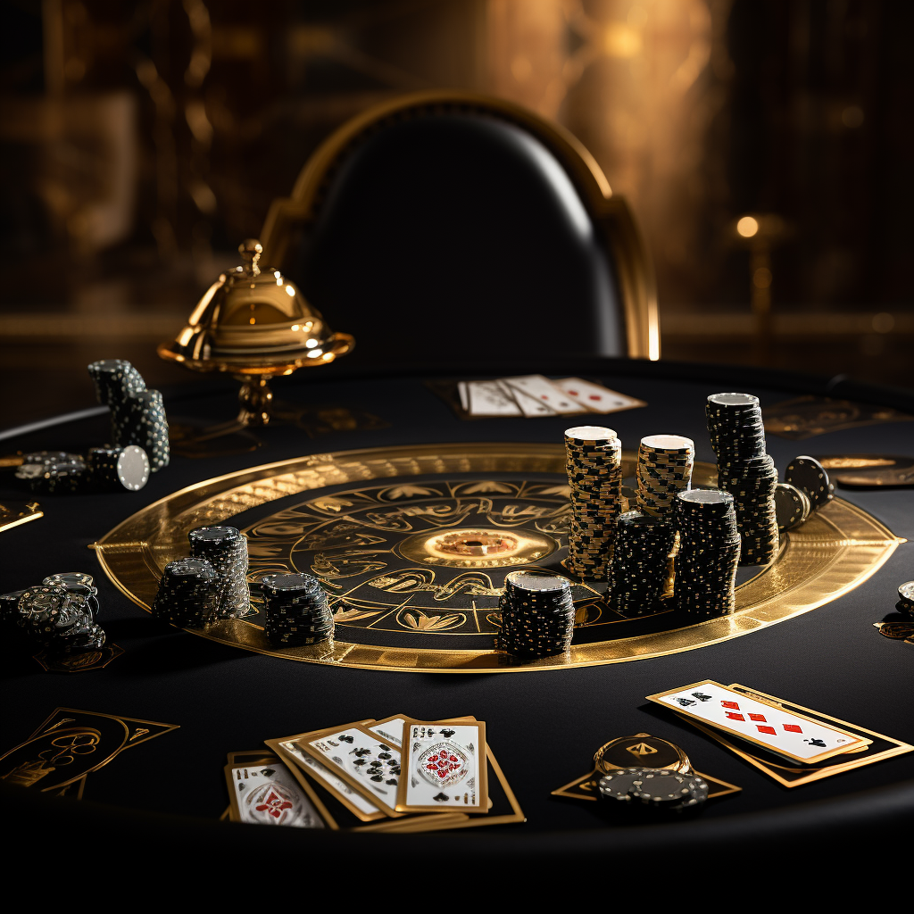 Golden poker table with black cards and chips