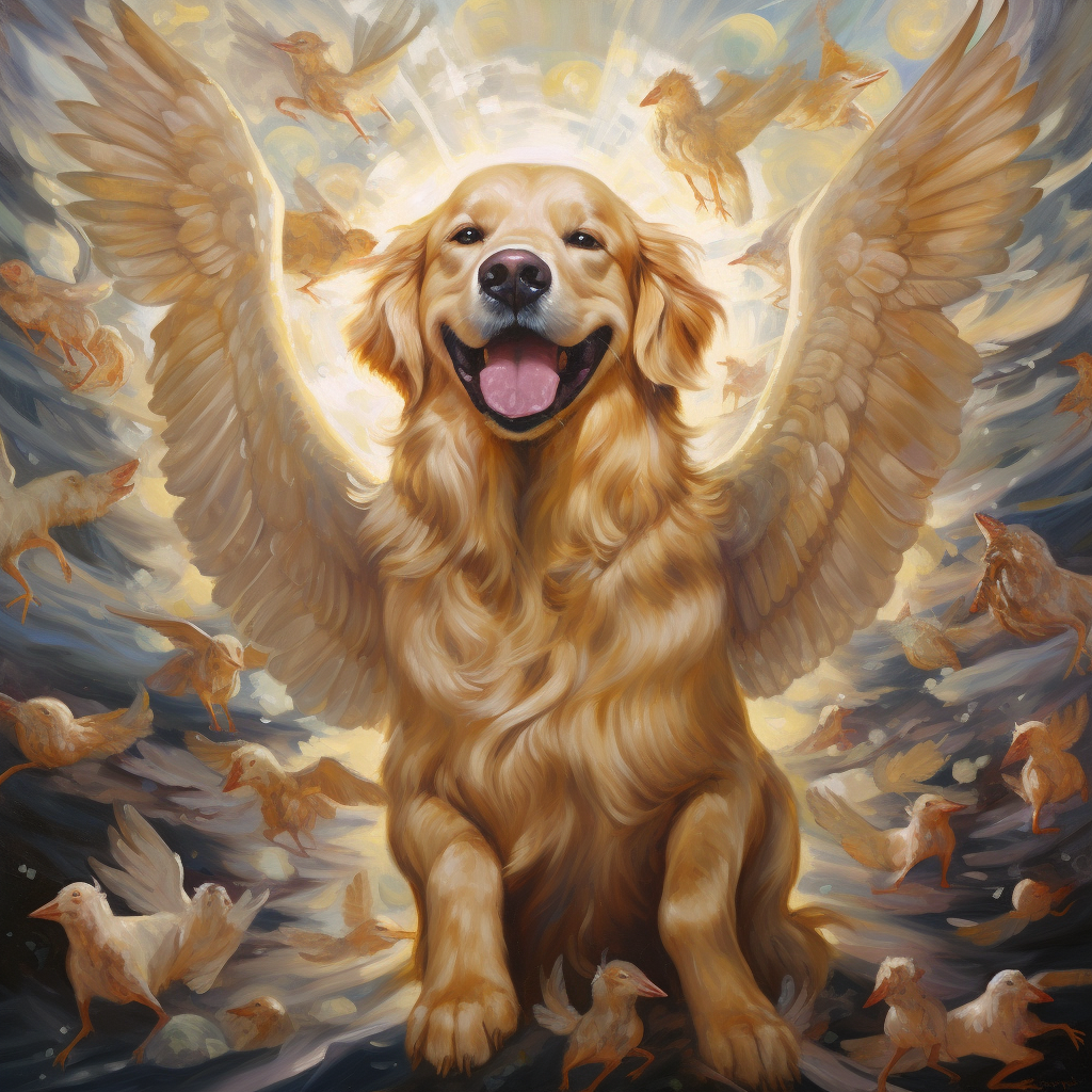 Golden Retriever in Heaven with Angels and Energy